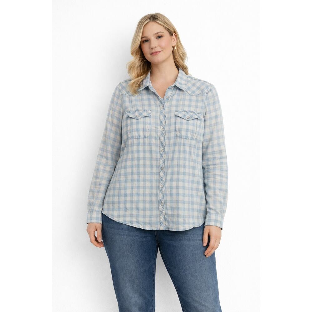 Light Blue Plaid Button Up Shirt Womens Size L Long Sleeve Western Style